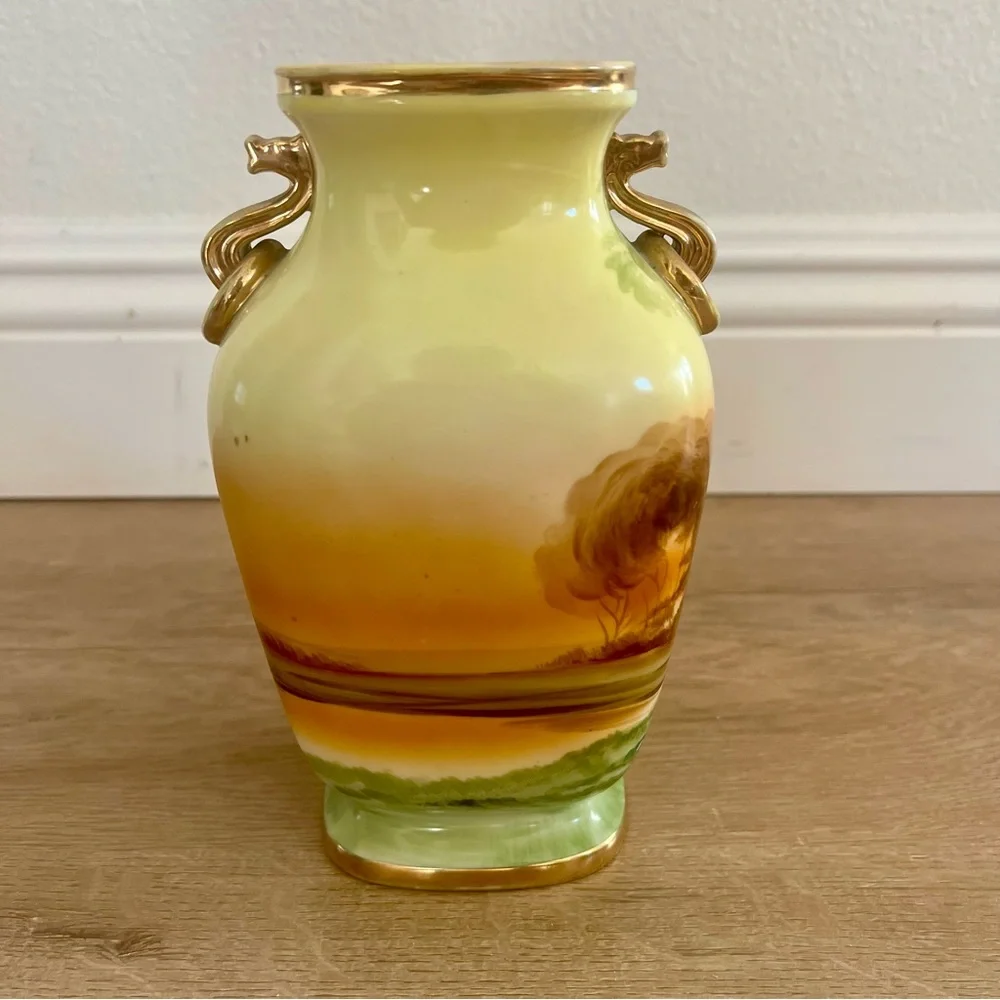 ANTIQUE 19th‎ C. NIPPON Morimura HAND PAINTED DRAGON HANDLES LANDSCAPE VASE 8”